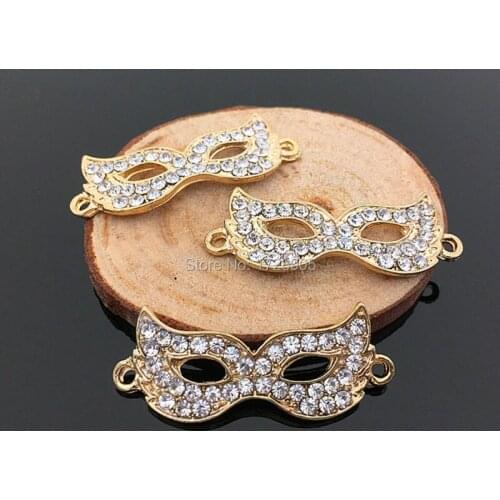 Mask Connector with Tow Holes Clear Crystal Rhinestone Charm Pendant Flat Backs Metal Embellishment Decorations 10 pcs 35 mm