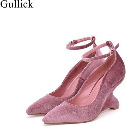 Gullick Brand Newest Woman Shoes Pointed Toe Ankle Strap Strange Heels Pumps High Quality PU Suede High heel Dress Shoes