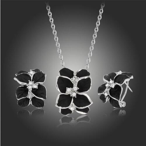 Top Quality Gift White Gold Color Black Painting Flower Stud Earrings and Penadant Necklace Jewelry Sets For Women or girls