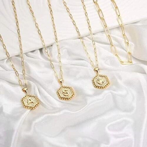 Copper Plated 14k Real Gold 26 Initials Coin Necklace Paperclip Stacking Round Real Gold Plated Lock