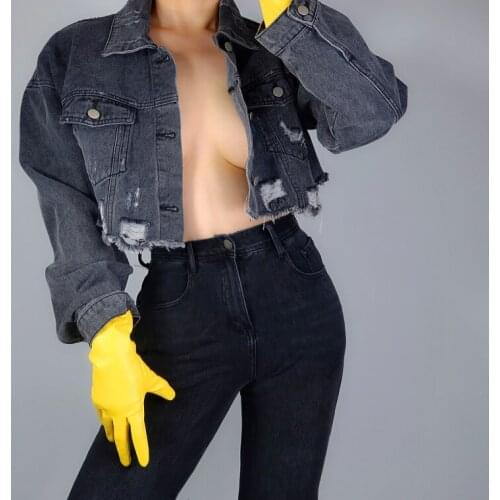 Womens runway fashion bright yellow PU leather glove ladys club performance party leather medium long slim glove R3254