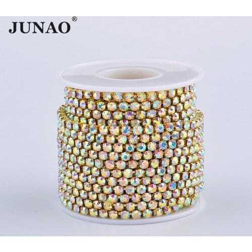 JUNAO ss6 ss10 ss12 ss16 ss18 Gold Dense Rhinestone Chain Trim Clear AB Glass Stones Crystal Appliques Strass Banding For Crafts