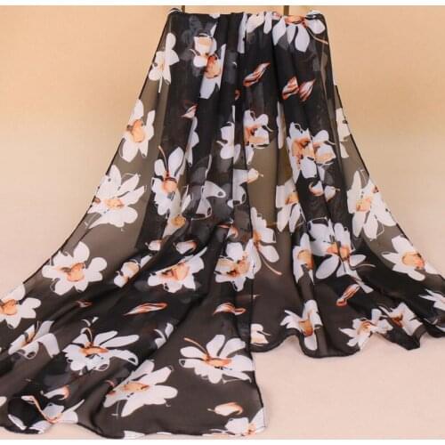 Spring and Autumn Womens Popular Printed Chiffon Scarf, Chinese Style Flower Bib, Small Long Scarf, Ladies Accessories Scarves