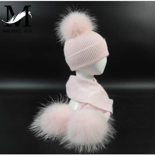 New Fashion Childrens Wool Knit Hat Scarf 2 Pieces Set Winter Warm Kids Baby Boy Girl Raccoon Fur Pom poms Soft Hat Scarves