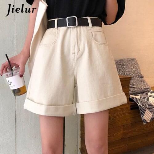 Jielur Fashion Jeans Shorts Women Hot Crimping Straight Jeans High Waist BF Black Beigh S-XL Denim Shorts Female Summer Casual