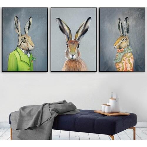 Nordic Rabbit Animal Vintage Big Canvas Painting Art Cute Big Sizes Posters And Prints Wall Picture For Living Room