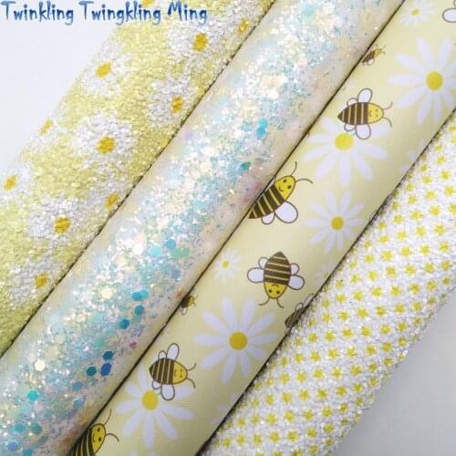 Twinkling Twinkling Ming Yellow Daisy Bees Plaids Polka Dots Chunky Glitter Vinyl Faux Leather Fabric Felt Backing 21X29CM KM522