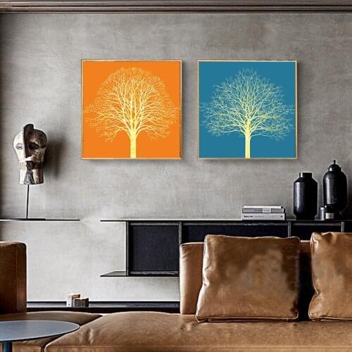 MUTU Vintage Abstract Blue and Orange Background Gold Tree Art Poster Print Canvas Painting Home Wall Hotel Decoration Pictures