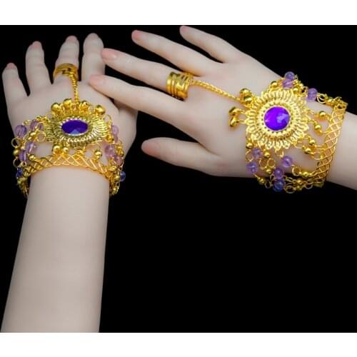 Belly Dance Indian Bollywood Jewelry Accessories With Rhinestones Bells 1 Pair Golden Dance Bracelet Belly Dancing Accessories