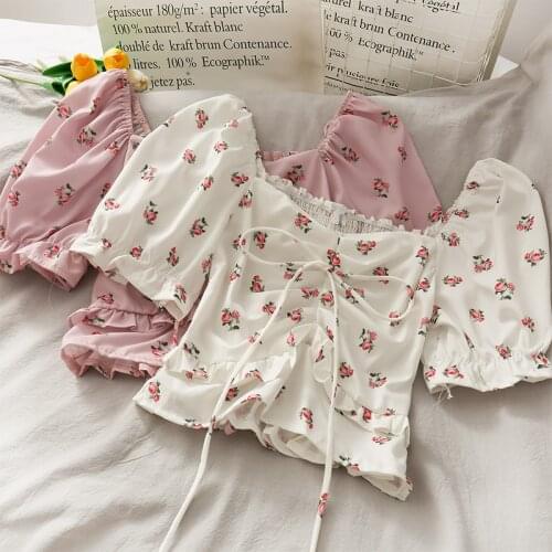 Abrini Womens Floral Elastic Blouse Short Sleeve Chiffon Sleeve Blouse Fashion Pleated Drawstring Slim Crop Tops 2021 Summer