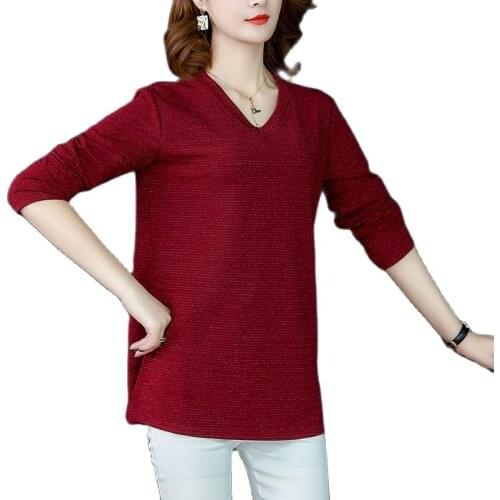 Long Sleeve Women Mid Length tshirt 2020 autumn V-neck plus size Loose tops vintage woman tshirts stripe kawaii tee shirt femme