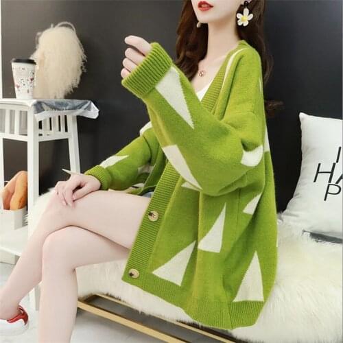 Womens Sweaters Autumn Winter 2020 fashion Korean Style Casual Long sleeve Cardigans Single Breasted geometric Loose Sweaters
