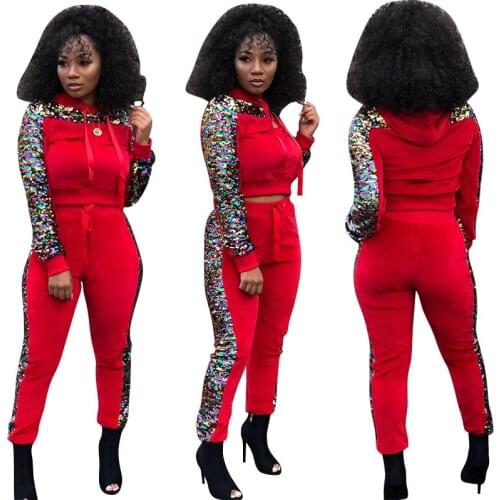 Sequin Velvet Stitching Fashion Casual Two-piece Suit Plus Size Women Set African Clothing Long Sleeve 2 Piece Matching Outfits