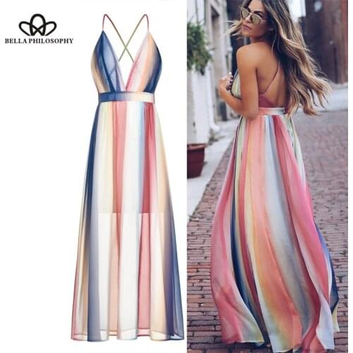 Boho Deep V neck Sexy Color Striped Chiffon Maxi shirt Dress Women Summer Backless Strap Bohemian shirt Dress Streetwear