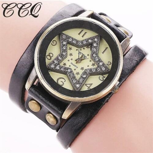 CCQ Brand Genuine Leather Diamond Star Wrist Watch Luxury Vintage Women Dress Quartz Watch Relogio Feminino