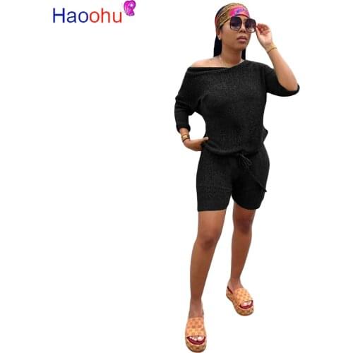 HAOOHU women summer solid one shoulder tee tops shorts jogger pants suit two piece set sporty matching set tracksuit outfits