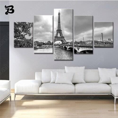 Canvas Painting Black and White Wall Art 5 Pieces Eiffel Tower Decorative Paris Scenery Wall Pictures Modern Home Decoration
