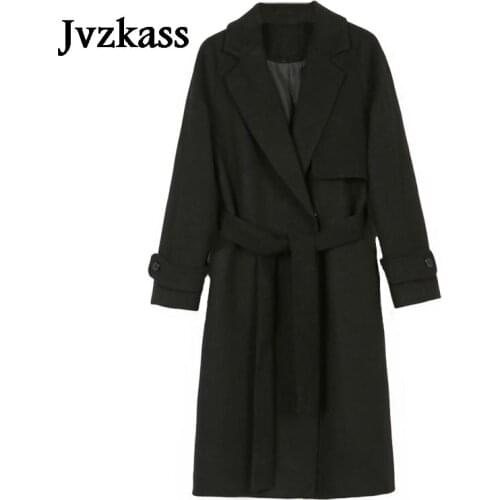 Jvzkass 2019 Fall Winter Women Simple Cashmere Maxi Long belt Robe Coat Female Woolen Outerwear manteau femme abrigos mujer Z13
