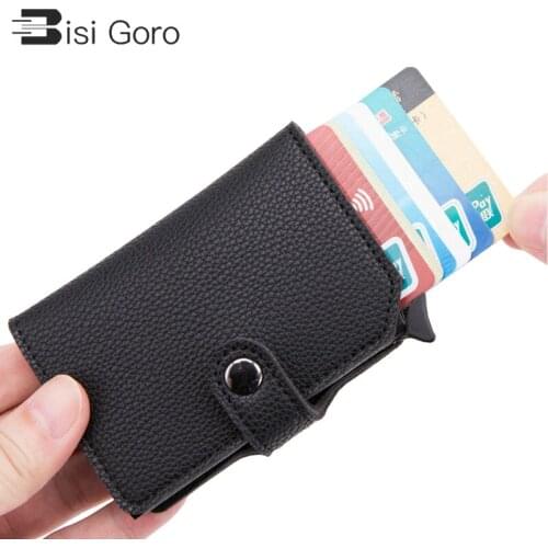 BISI GORO Rfid Blocking Protection Men Id Credit Card Holder Wallet Leather Metal Aluminum Business Bank Card Case Carbon Fiber
