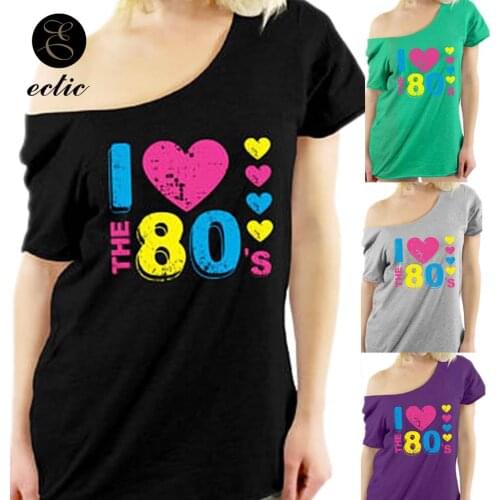 Vetement Femme 2021 Fashion Tunics Casual Women T-Shirts Cute Casual Oversized Top One Shoulder I Love Vintage 80s T Shirt Heart