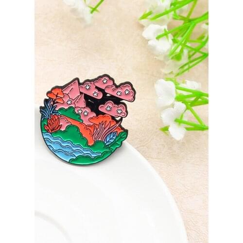 Beautiful Landscape Shape Metal Enamel Brooch Fashion Pink Mountain And River Badge Wrap Sweater Pin Jewelry Holiday Gift