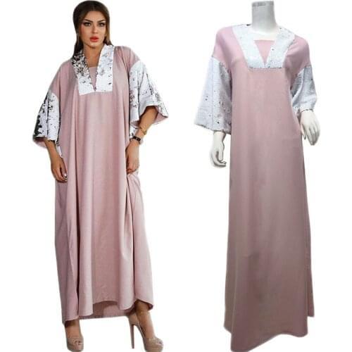 Fashion Sequins Patchwork Long Dress Muslim Women Kaftan Arabic Abaya Islamic Clothing Ramadan Dubai Caftan Maxi Robe Loose New