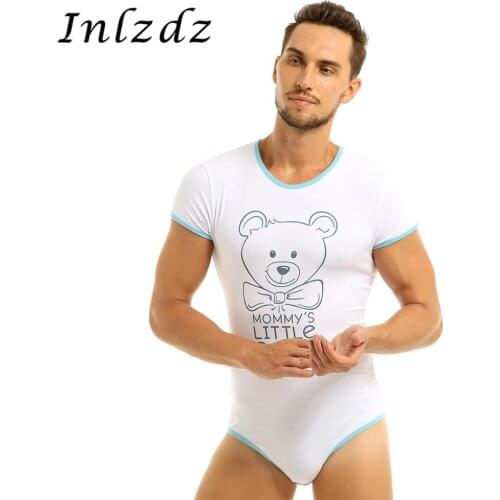 Mens Lingerie Bodysuit for Diaper Lovers Round Neck Cute Jumpsuit Press Button Crotch Front Printed Erotic Sexy Romper Pajamas
