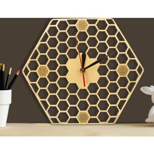 Honey Collection Honeycomb Natural Wooden Wall Clock Hexagon Wall Art Wood Bee Honey Net Contemporary Hanging Clocks