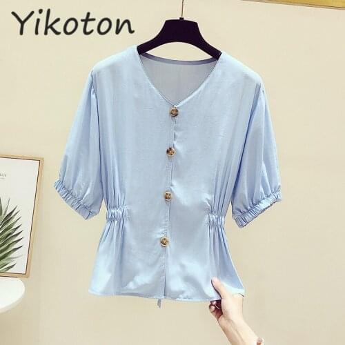 V-Neck Soild Blue Tops Womens Clothing 2021 New Summer Blouses and Shirts Buttons Elegant Simplee Korean Fashion Casual Blouse