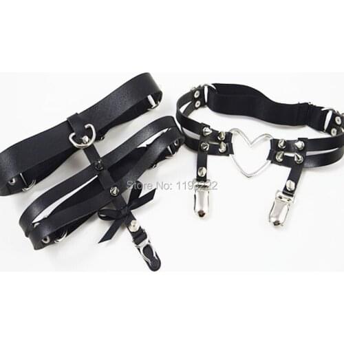 Sexy Black Handmade Leather Double Row Rivets Punk Heart Garter Belt Three Row Line Bow Sock Garter Loop Ring Elastic Back
