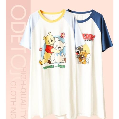 Summer new cartoon cat, mouse, bear, loose large size knitted cotton mid-skirt, loose round neck home service pajamas, nightdres