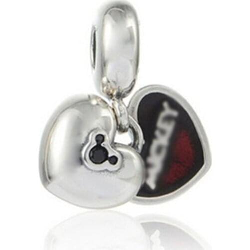 100% Real 925 Sterling Silver Cartoon Mouse Double Heart Hanging Charm Pendant Bead Fit PAN Bracelet & Bangle DIY Jewelry