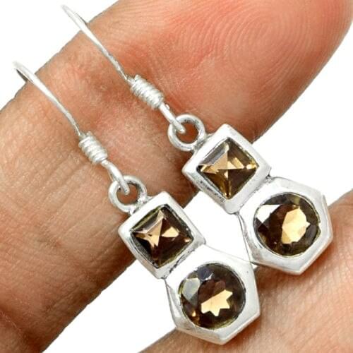 Hand Made Genuine Smoky Quartz Earrings 100% 925 Sterling Silver 32mm KE0131