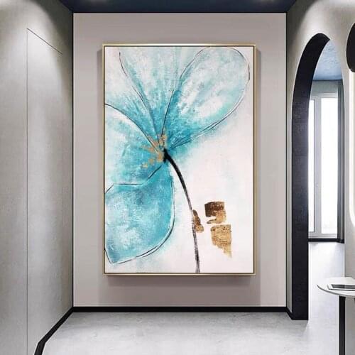 Hand Painted Oil Painting On Canvas Modern Abstract Water Blue Flowers Wall Art Picture For Living Room Home Decor Large
