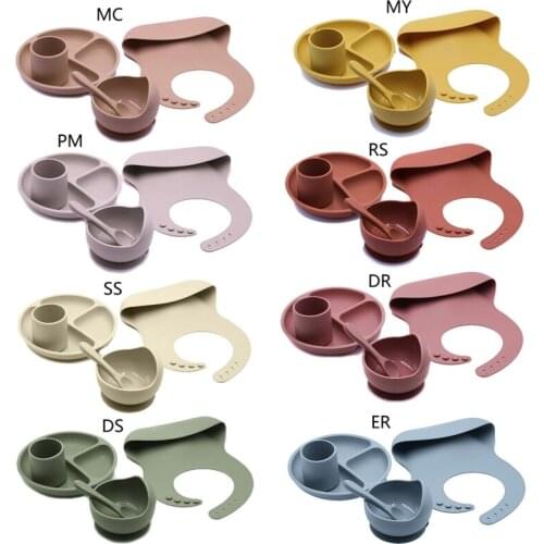 5Pcs/set Baby Feeding Plate Cup Spoon with Silicone Burp Cloth Set Non-slip Training Bowl BPA Free Tableware Kit for Children