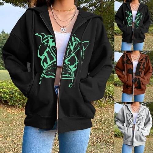 Vintage Clothes Autumn Loose Hoodie Printed Zipper Hooded Hoodies Women Sweetshirts Autumn And Winter Plus Size худи оверсайз