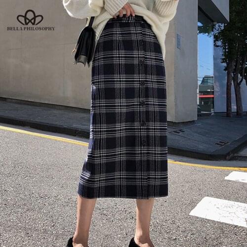 Bella philosophy 2019 Retro Women Plaid Skirts ladies Straight Button Cashmere Autumn Winter Skirts Female Elastic waist skirts