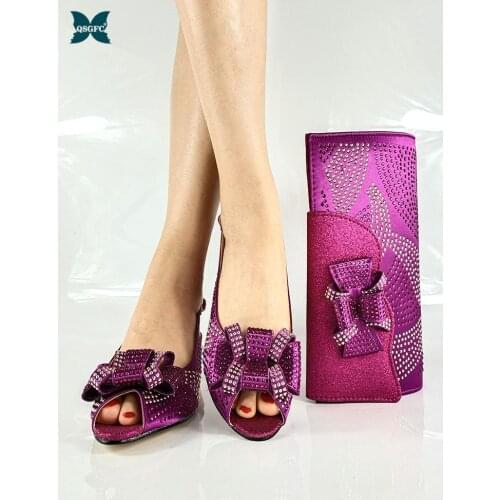 2021 Italian Design Hot Selling Nigerian Party Women Shoes and Bag Set With Speical Narrow Band and Cross-tied in Magenta Color