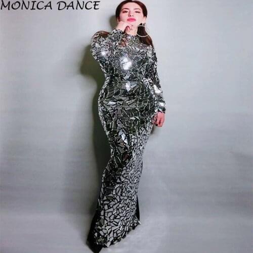 Women Sexy Bright Full Mirrors Long Dress Women Evening Birthday Dresses Rhinestone Costume Prom Celebrate Grey Bling Dresses