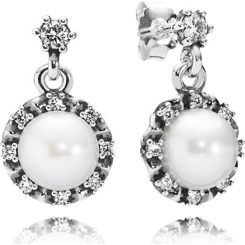Classic 925 Sterling Silver Everlasting Grace With White Pearl & Clear CZ Earrings For Women Gift Fine Jewelry