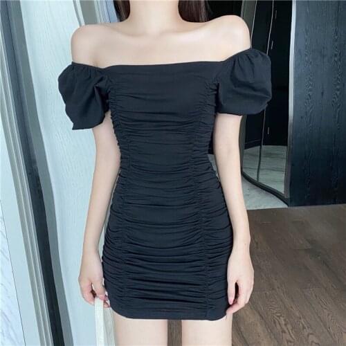 WOMENGAGA Summer Korean Solid Color Off Shoulder Puff Sleeve Pleated Slim Hot Sexy Mini Dress For Women 2IL5