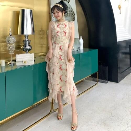 Women Dress New Fashion Spring Summer High-end Elegant Slim Bodycon Ruffles Sexy Formal Party Runway Lace Midi Long Dress