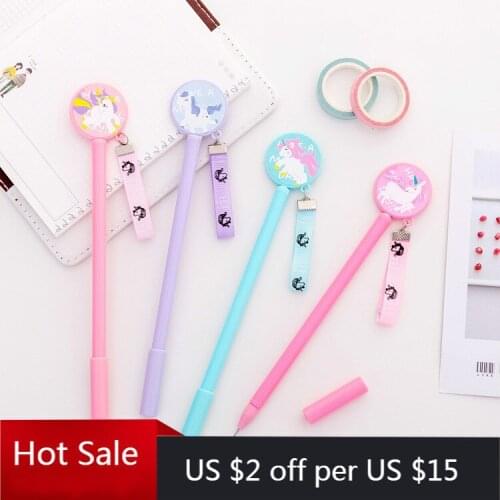 24 PCs Creative Girl Heart Cartoon Unicorn Floating Pen Neutral Student Office Writing Black Signature Pen Kawaii School Supplie