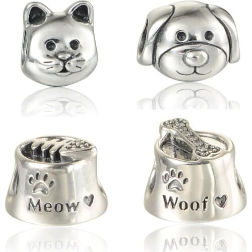 4 Designs Family Pet Cat & Dog Silver Beads for Charms Bracelets Women Silver 925 Jewelry Clear CZ Fish Bone Meow & Woof Bowl