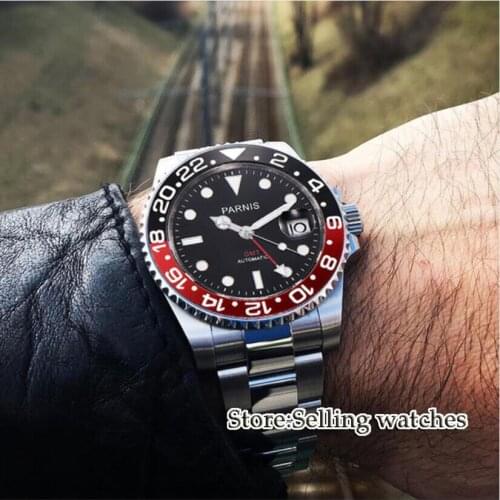 40mm Parnis Mechanical Watches Black Red Bezel black dial GMT luminous marks sapphire glass automatic Mens Watch