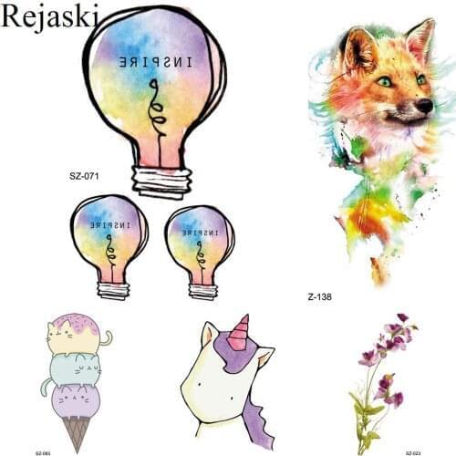 Rejaski Watercolor Cartoon Kids Arm Tattoo Stickers Children Galaxy Bulb Temporary Tattoo Girl Cute Flora Flash Tatoos