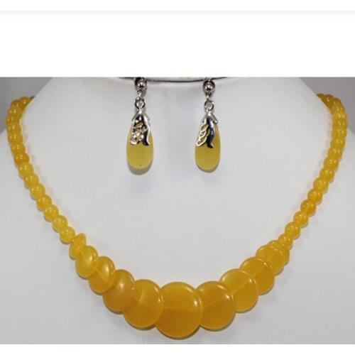 Free Shipping wholesale simple style 8mm 18" yellow beads and coins necklace & stud earrings jewelry set