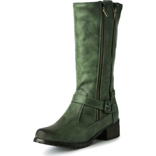Double Zipper Belt Buckle Thick Heel Big Toe Shoes Green Round Toe Print Mid-Calf Boots Beige Car Stitching Womens Boots