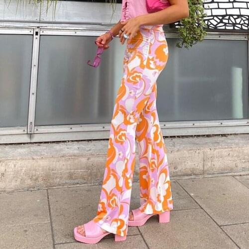 Bohemian Style Floral Pants Holiday Slim High Waisted Trousers Y2K Aesthetic Elastic Waist Wide Lege Pants Women 2021