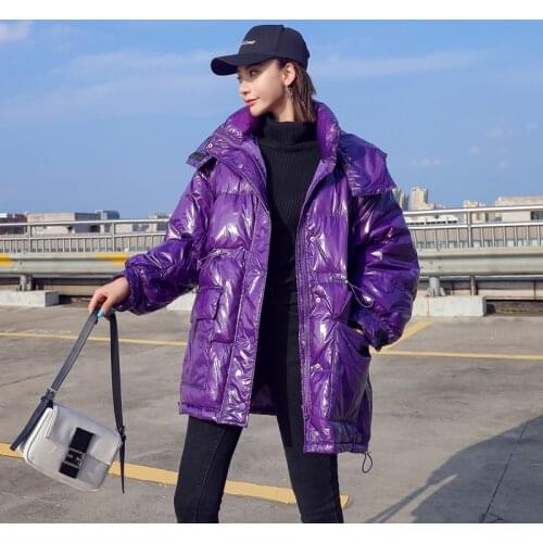 Glossy Down Coat Women 2021 New Autumn Winter Korean Loose Removable Hooded Parka Candy color Warm White duck down Jacket Female